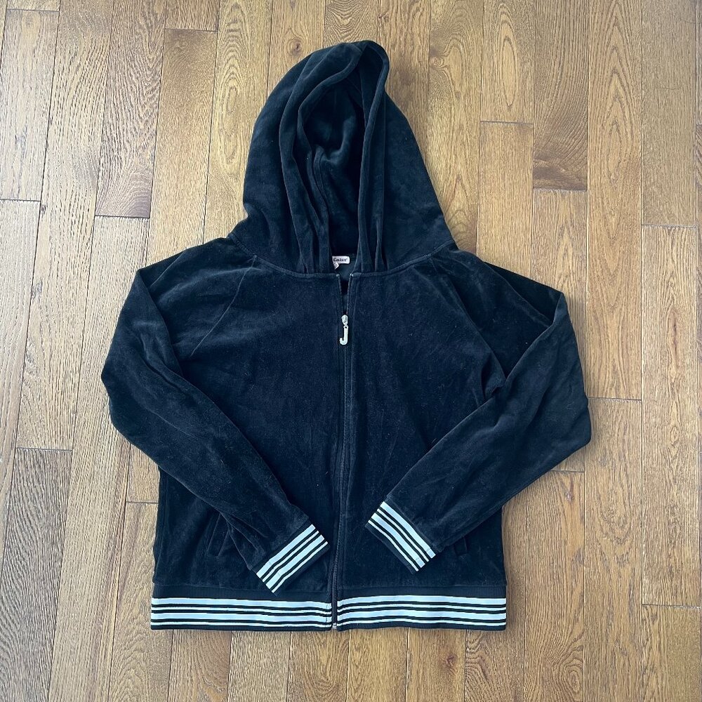 Juicy Couture Hoodie Womens XL Black Velour Full Zip Track Jacket Rhinestone Y2K